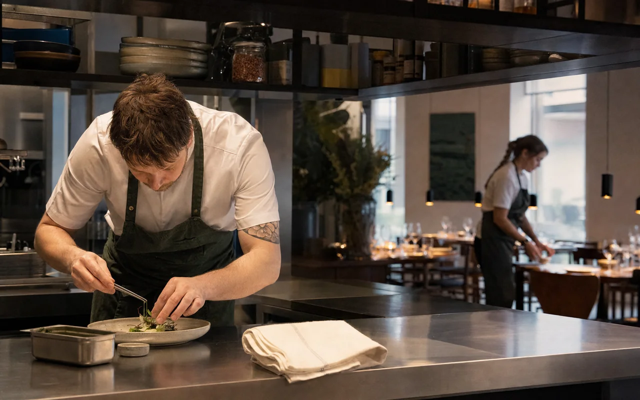 Chef and waiter prepare a restaurant before service