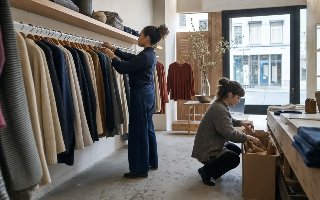 Two shop assistants prepare a clothing store